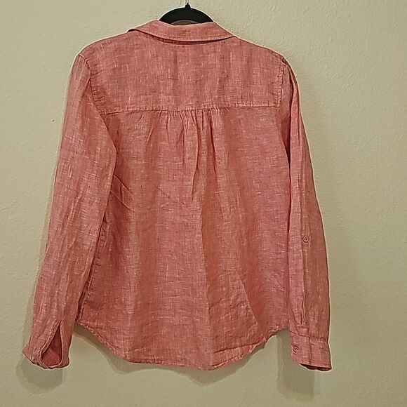 Tahari 100% Linen Collared 3/4 Sleeve Coral Split Shirt S - Picture 3 of 6